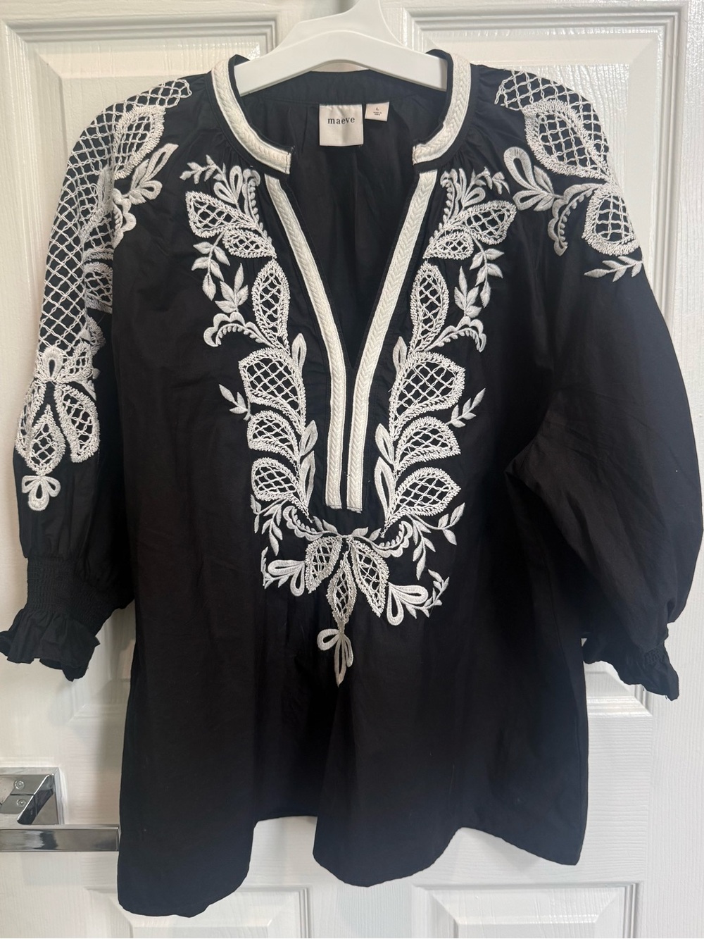 Maeve Black Peasant Top with White Embroidery - Picture 3 of 9